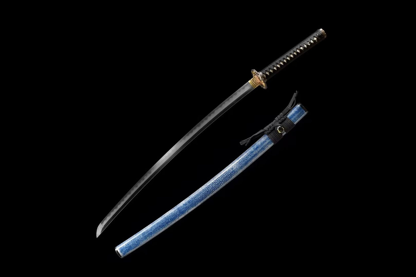 Japanese Katana – Hand Forged Pattern Steel Sword with Blue Rayskin Scabbard, Premium Collectible Display