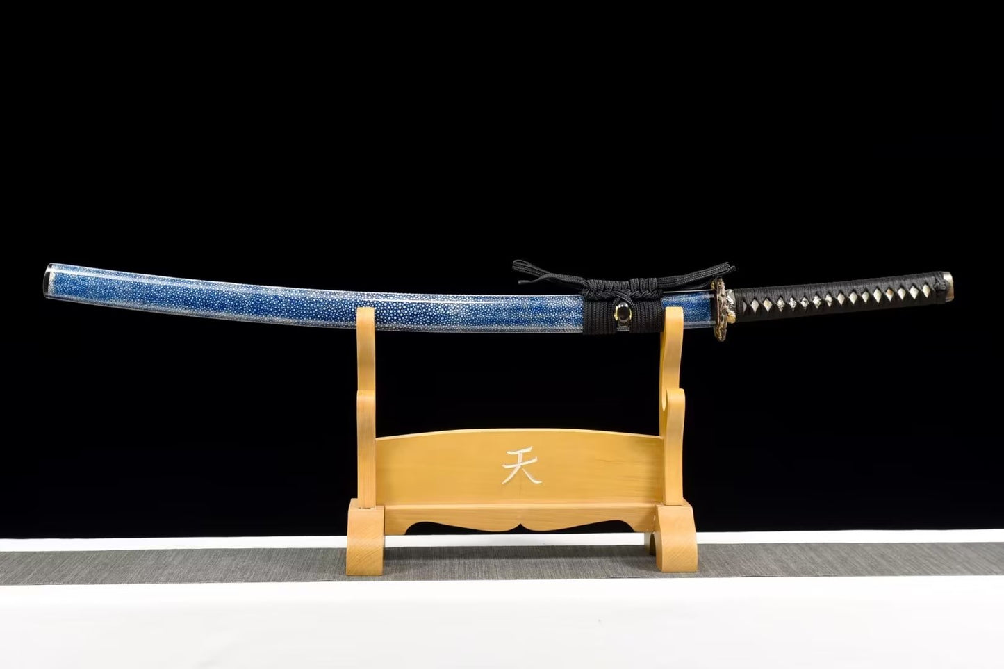Japanese Katana – Hand Forged Pattern Steel Sword with Blue Rayskin Scabbard, Premium Collectible Display