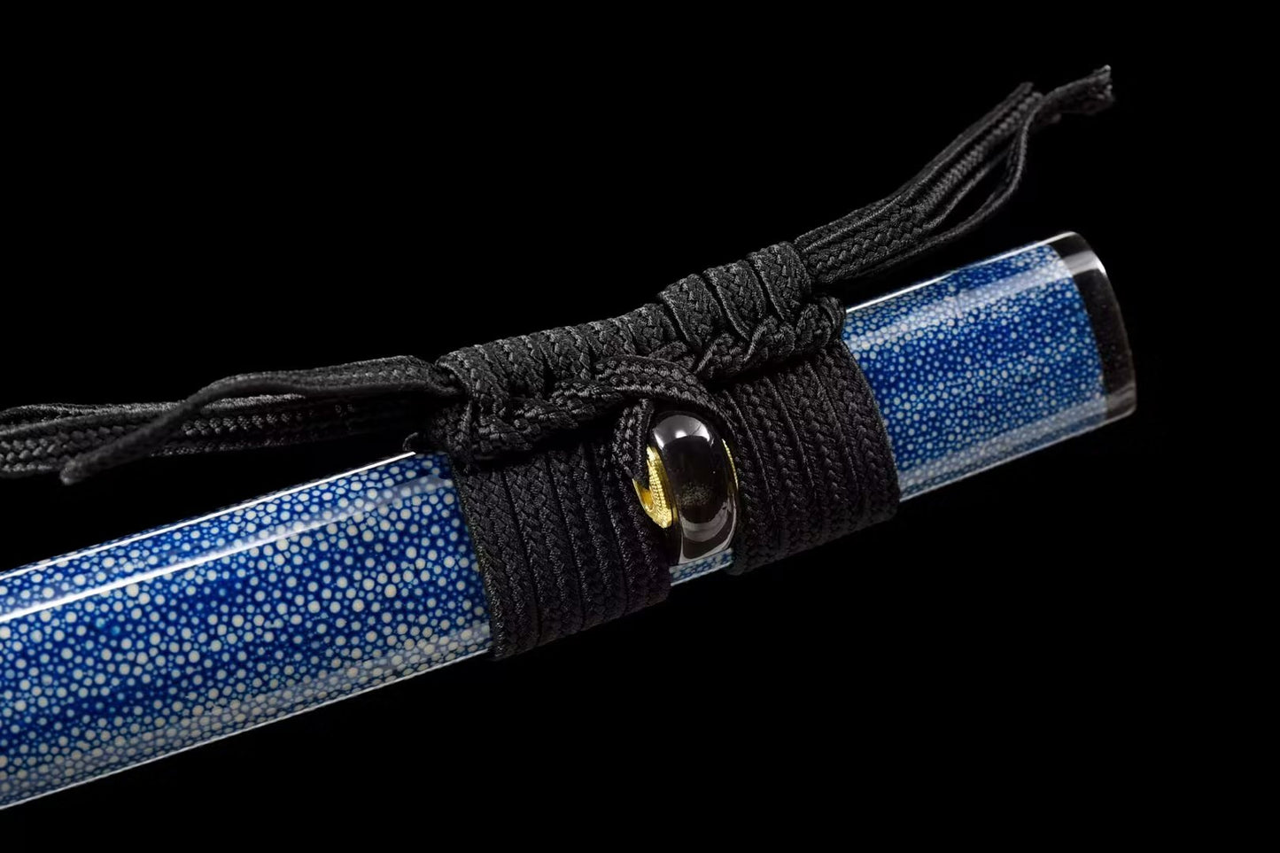 Japanese Katana – Hand Forged Pattern Steel Sword with Blue Rayskin Scabbard, Premium Collectible Display