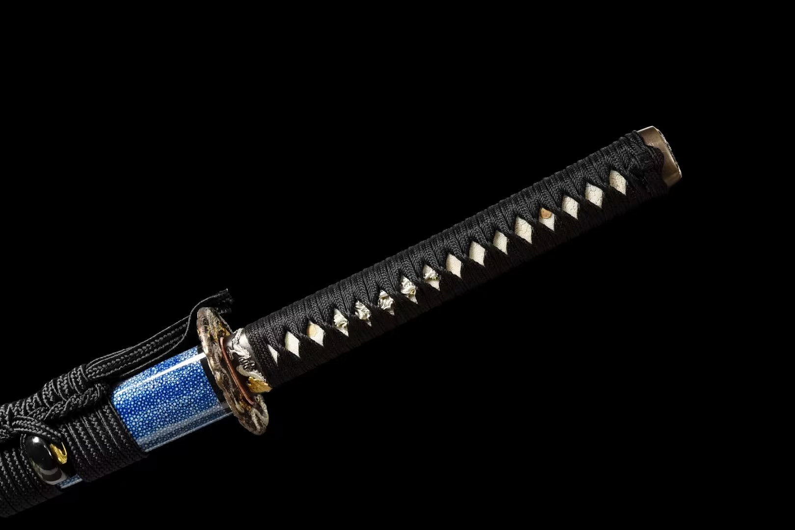 Japanese Katana – Hand Forged Pattern Steel Sword with Blue Rayskin Scabbard, Premium Collectible Display
