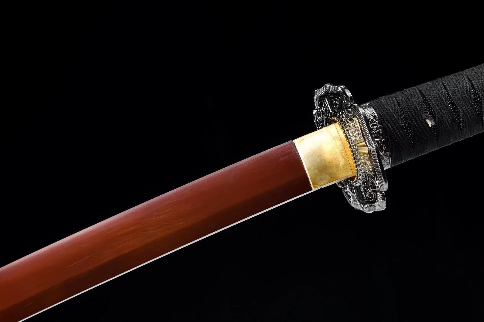 Tachi Katana with Red-Treated T10 Blade & Rosewood Saya (41.0") — Hand-Polished, 8-Step Finish