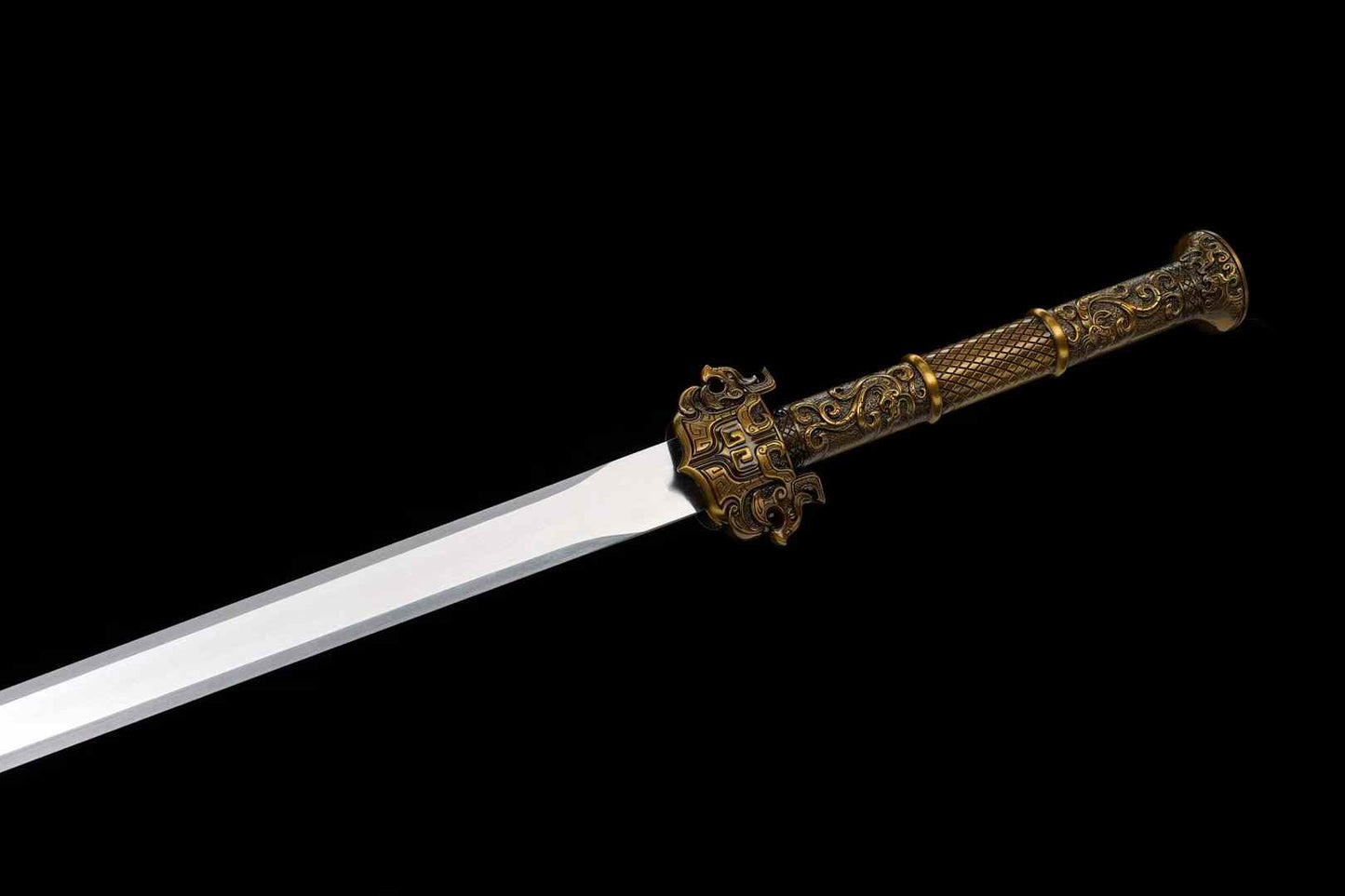 Six-faceted high manganese steel Jian blade and ornate alloy handle