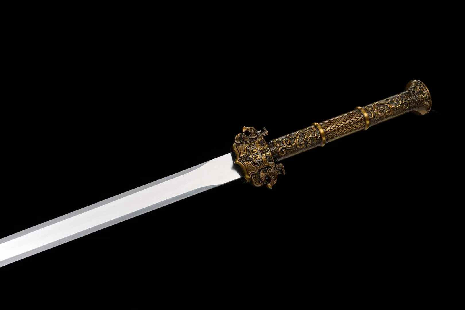 Six-faceted high manganese steel Jian blade and ornate alloy handle