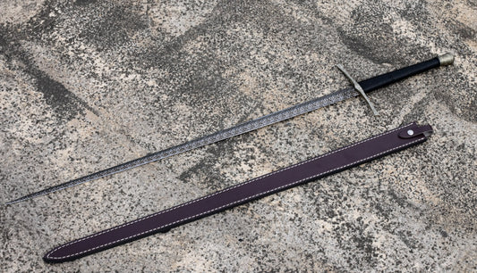 European Longsword – Hand-Forged T10 Patterned Steel Blade with Crossguard & Stitched Leather Scabbard