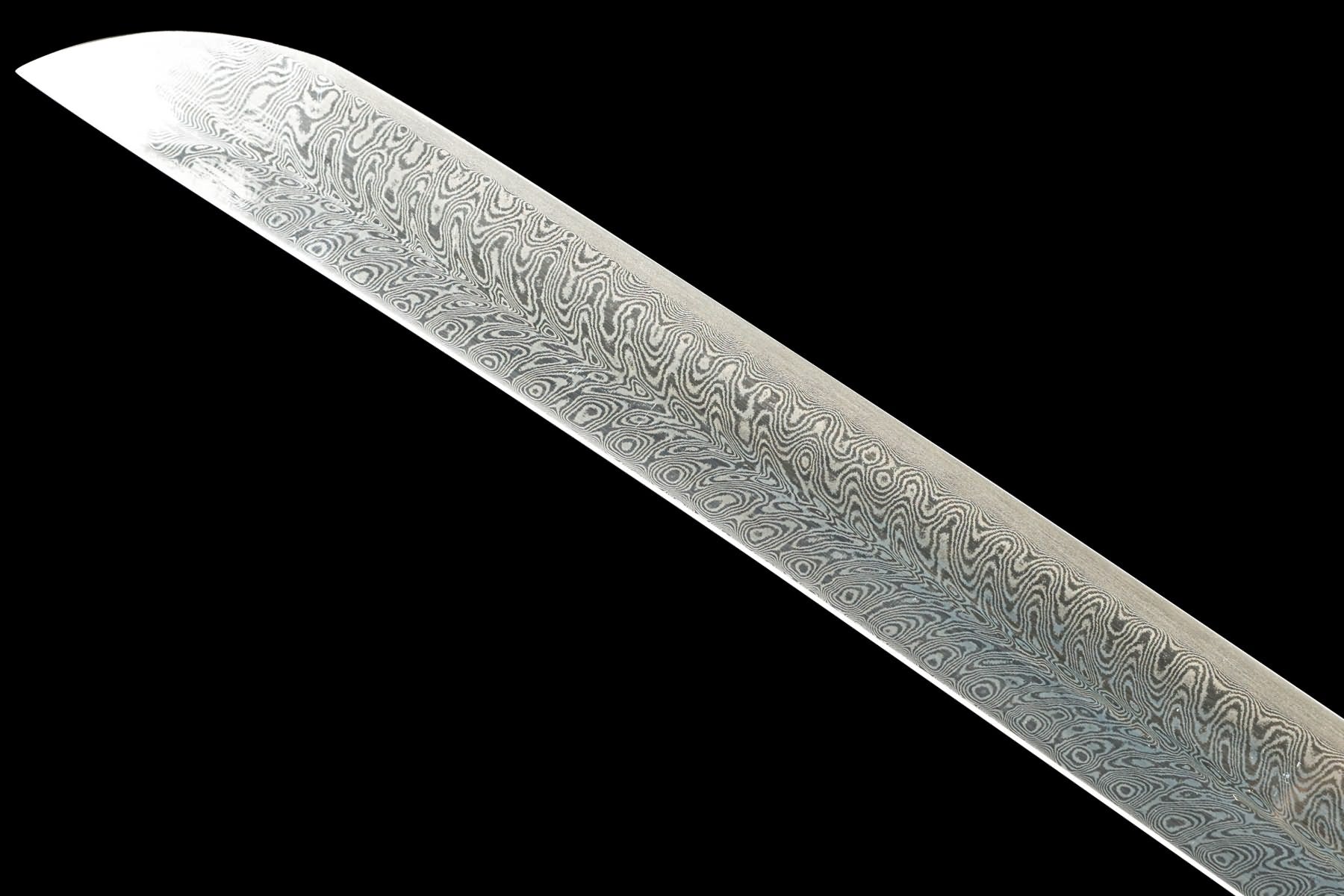 Close view of T10-based Damascus feather-pattern blade