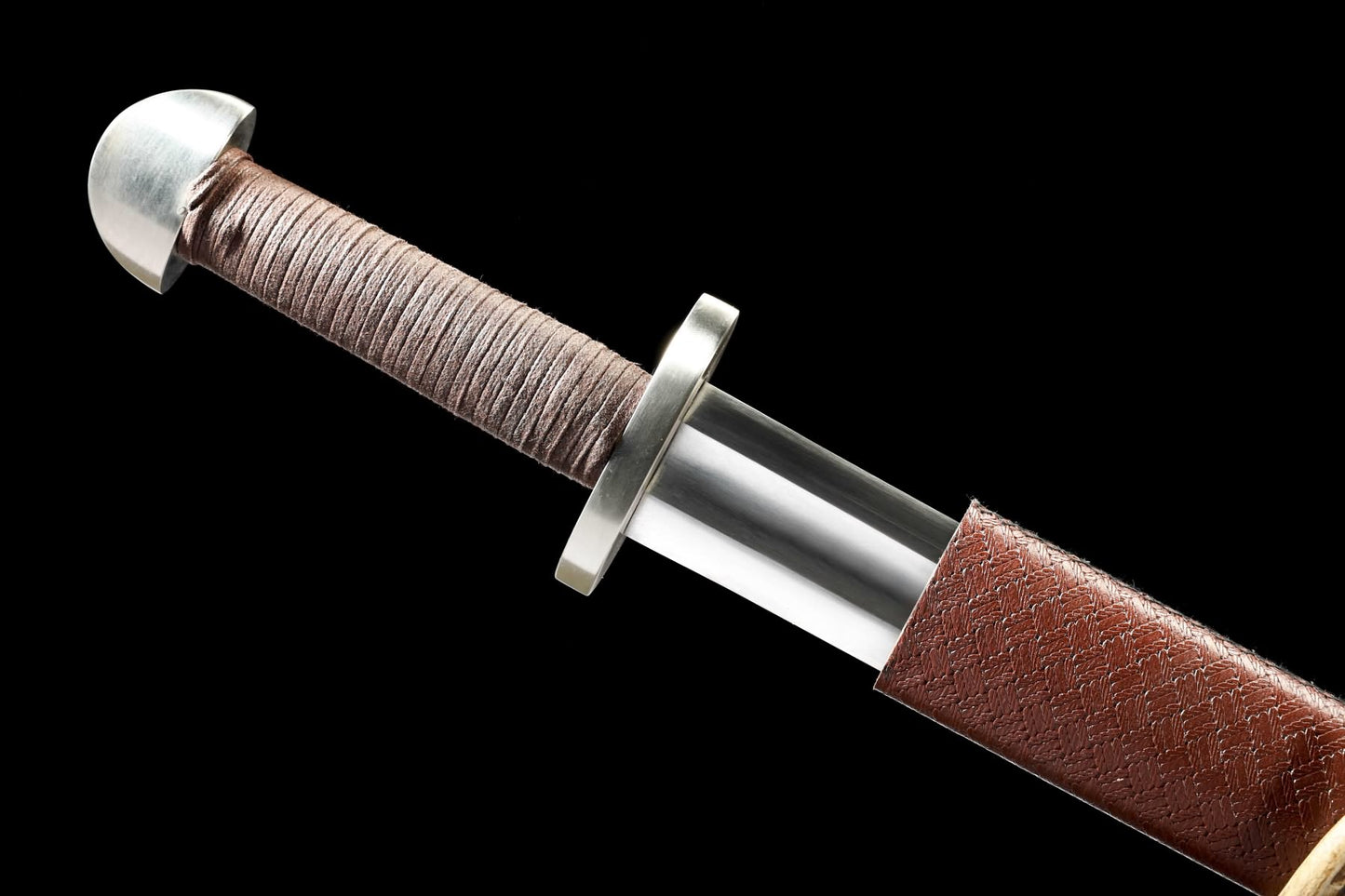Viking sword stainless-steel guard, wrapped grip, and scabbard detail