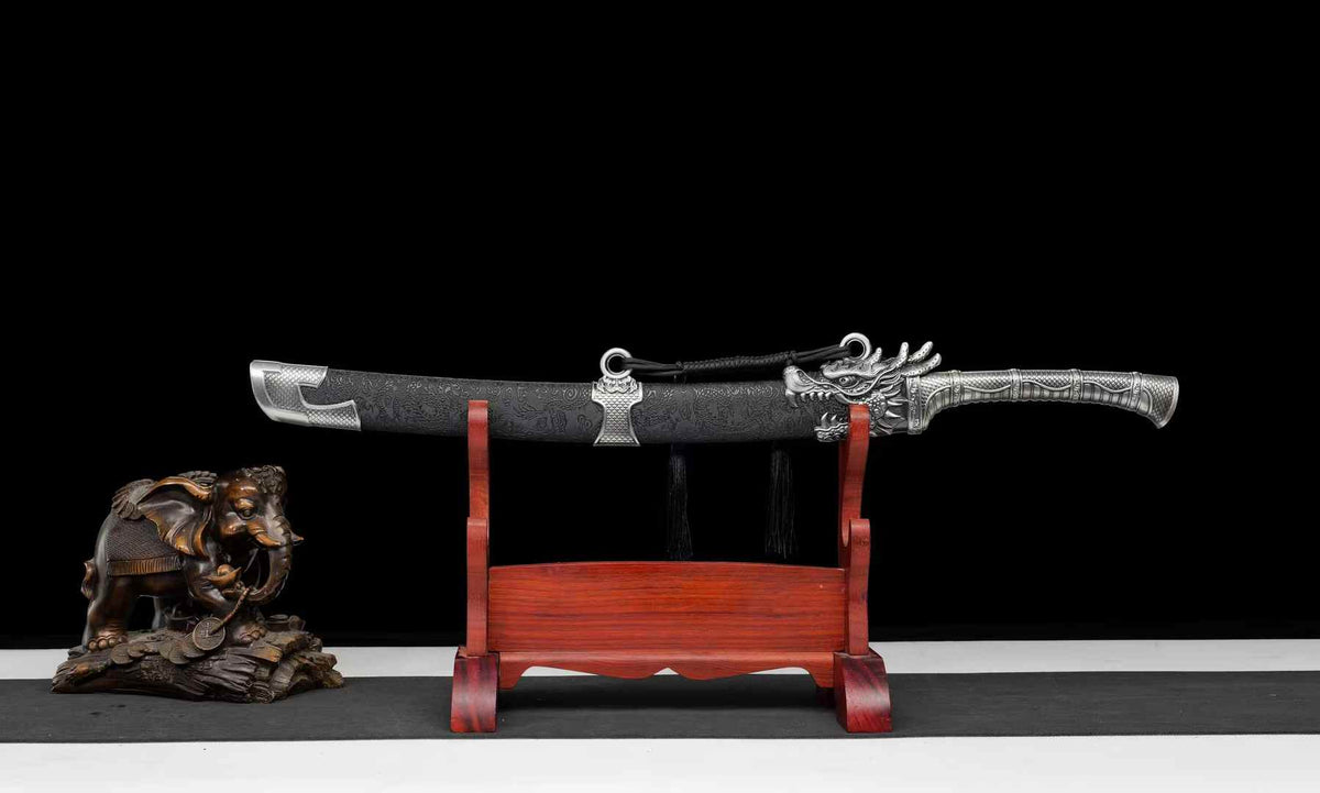 Xianglong Dao fully sheathed in black faux leather wood scabbard