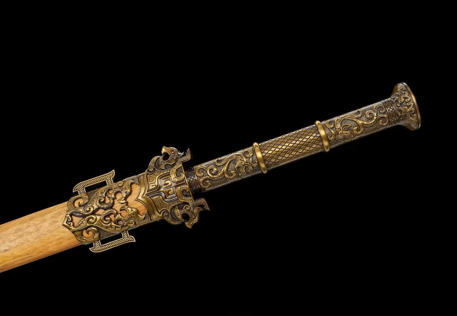 Yue King Jian ornate antique-bronze-tone alloy handle detail