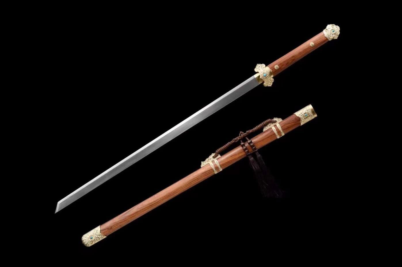 LOONGSWORD,Tang dao jian,Damascus Steel Blade,Brass Fittings,Rosewood Scabbard,Chinese sword