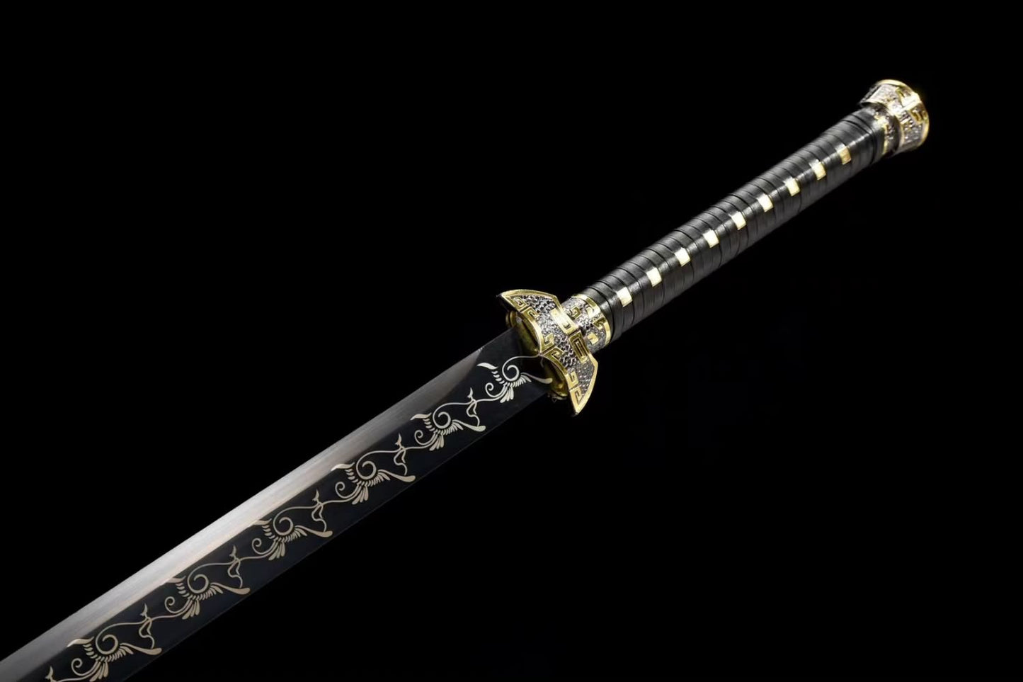 Black Gold Ancient Swords-Handcrafted High Carbon Steel Blade with Alloy Fittings and Real Wood Wrapped Faux Leather Scabbard