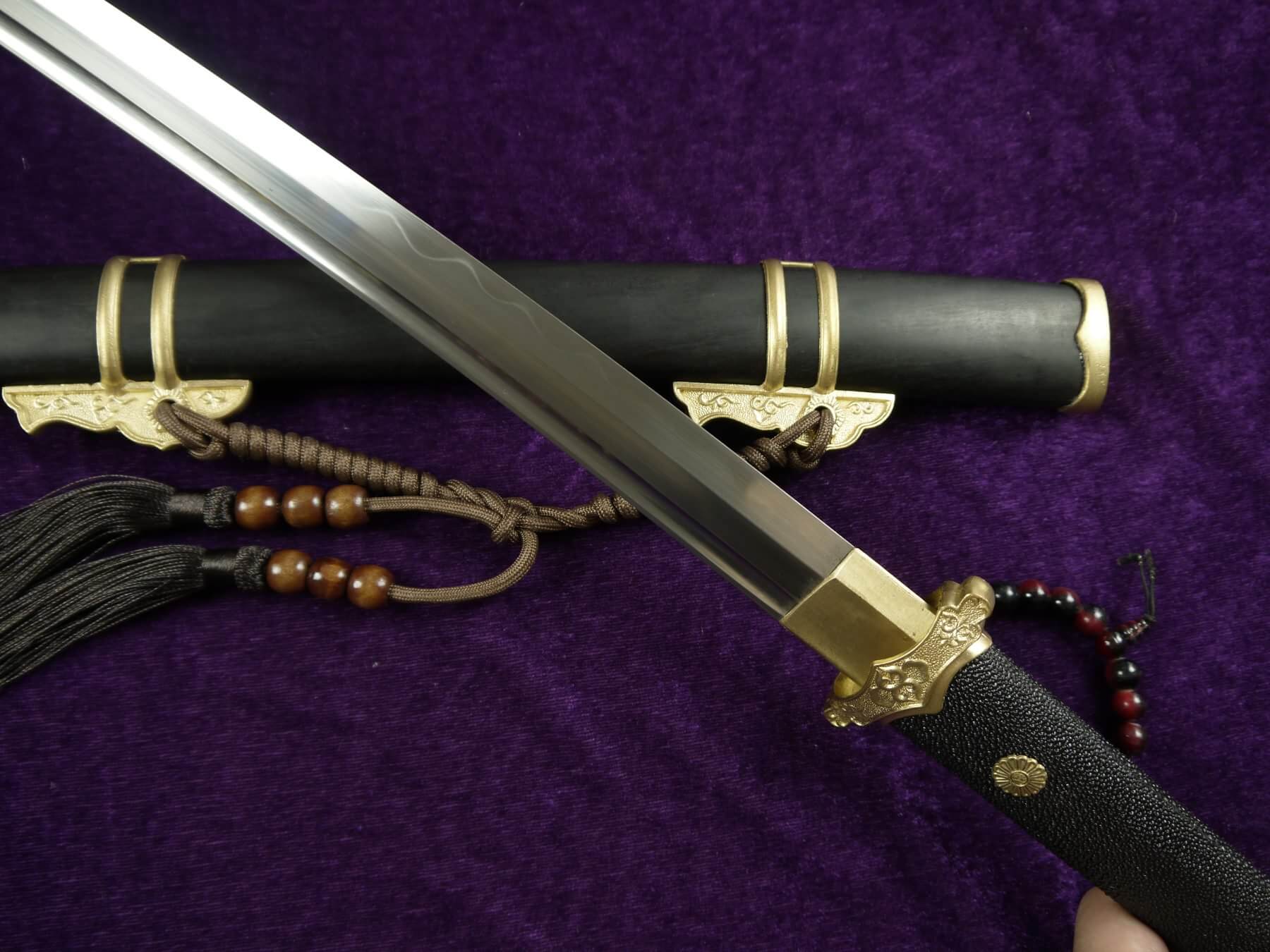 Tang dao,High carbon steel,Brass fittings,Black wood,Skin handle ...
