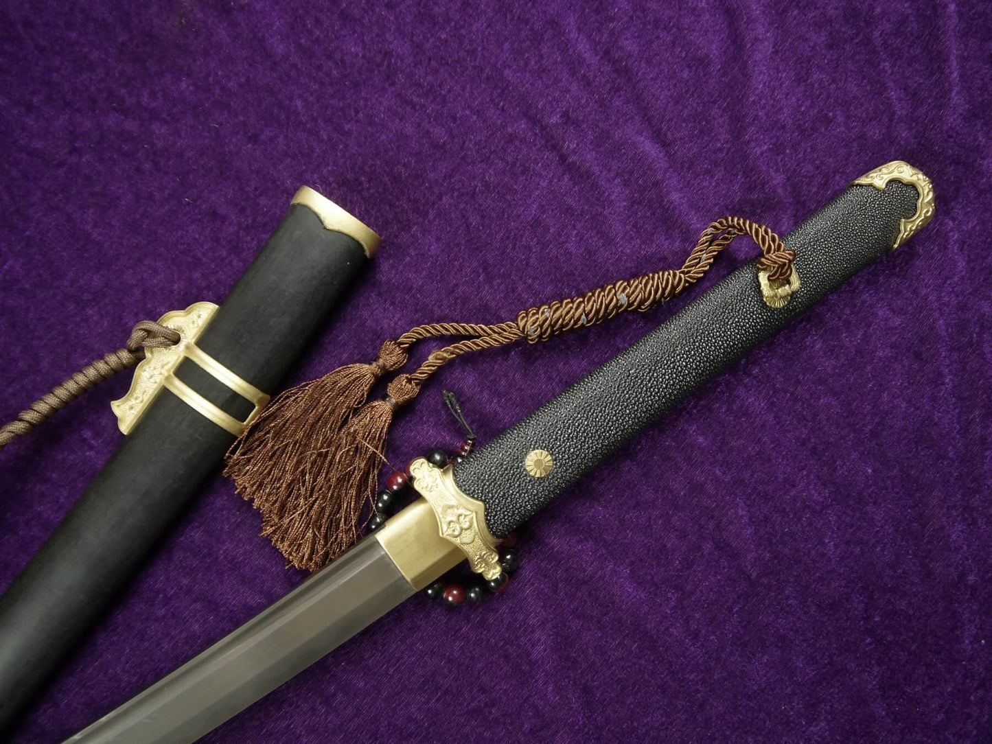 Tang dao,High carbon steel,Brass fittings,Black wood,Skin handle - Chinese sword shop