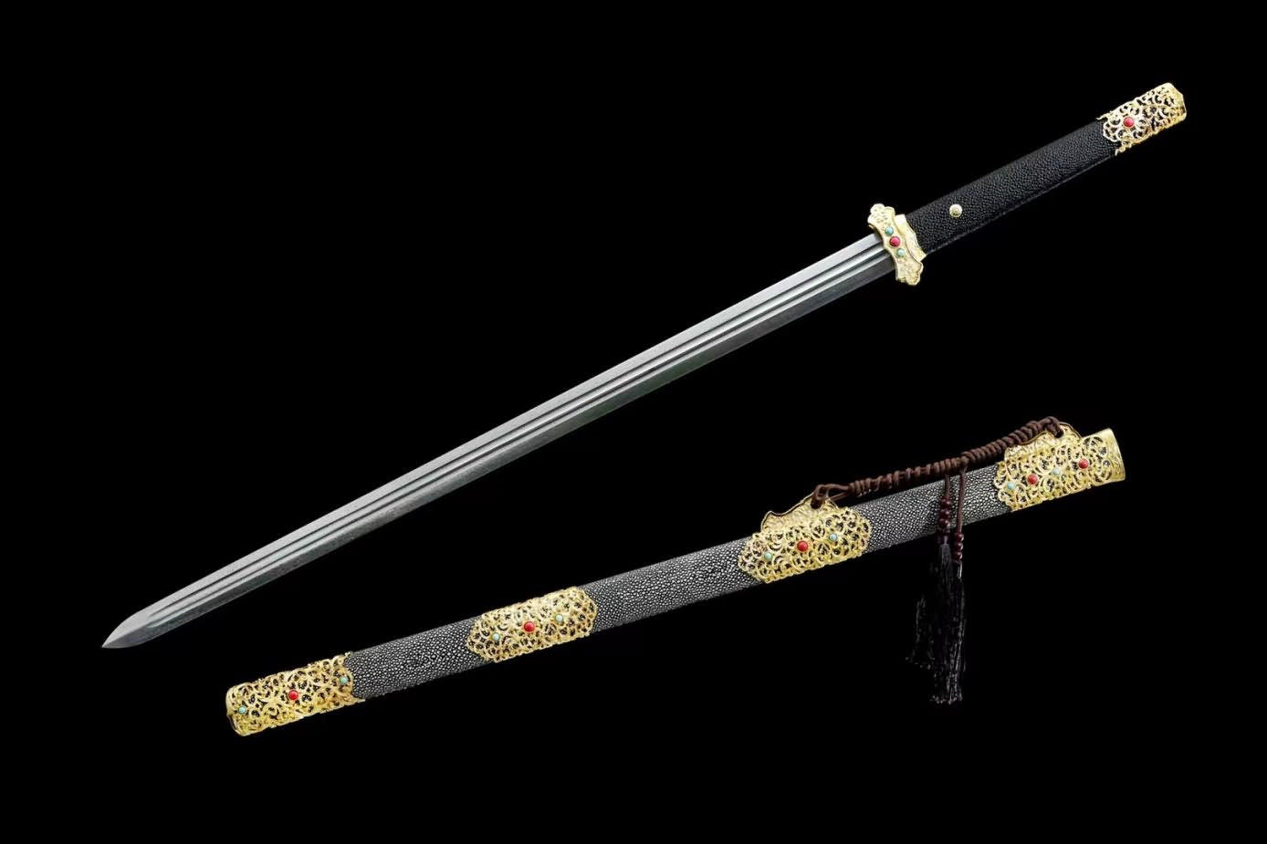 Tactical Swords Damascus Steel Blade,Alloy Fittings,Fake Stingray Skin Scabbard,LOONGSWORD