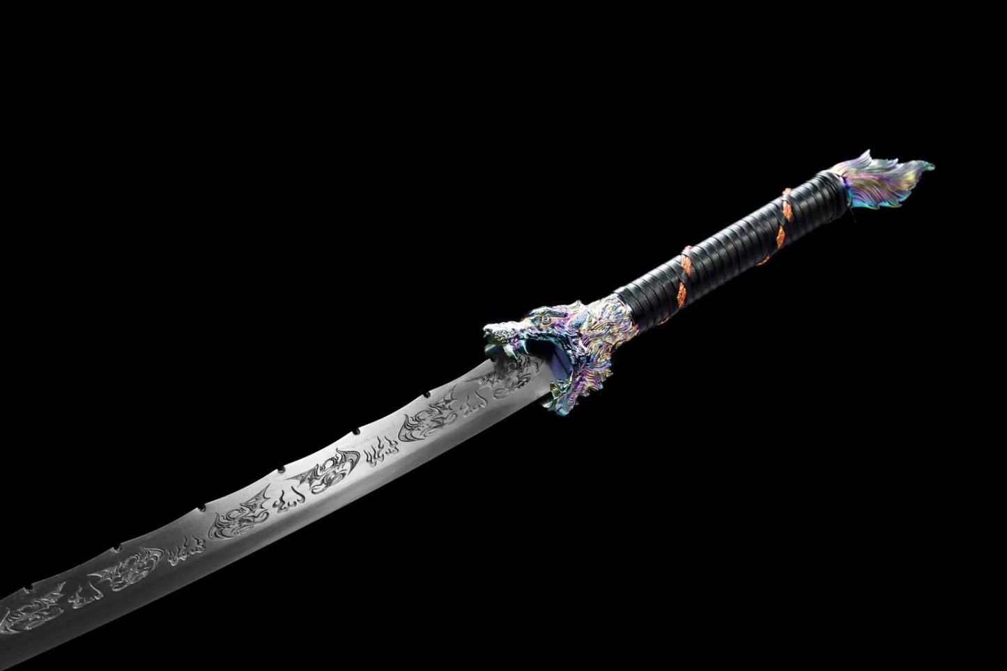 LOONGSWORD,Handcrafted Wolf-Head Broadsword with High Carbon Steel Blade-Forged Patterned Edge and Alloy Fittings