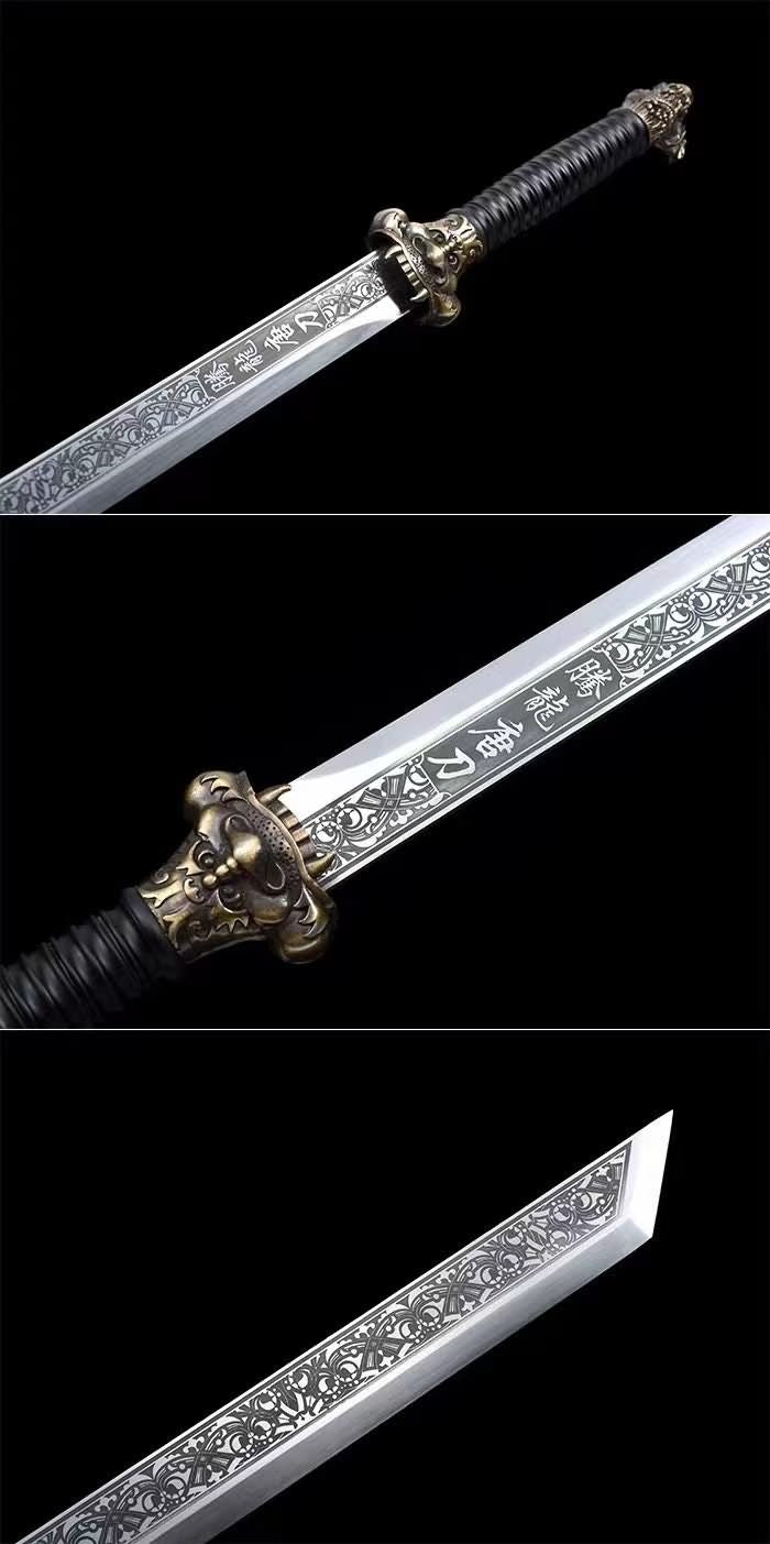 Dragon Tang dao with Forged High Carbon Steel Etched Blade-Black Wood Scabbard