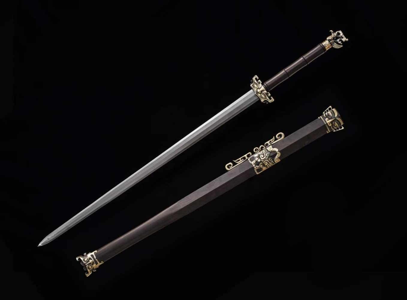 Ancient Han jian Damascus Steel Burn Blades,Brass Fittings,Ebony Scabbard,chinese sword,LOONGSWORD