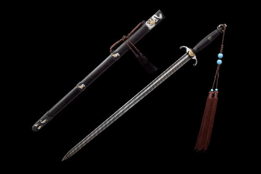 Longhu jian,Forged Damascus Steel Blades,Brass Fittings,Ebony Scabbard
