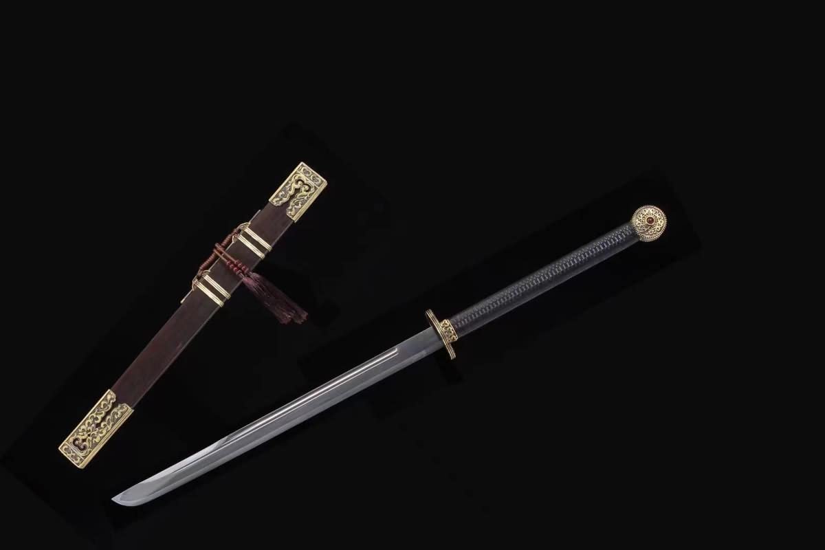 Qin Broadsword,Forged Damascus Blade,Ebony Scabbard,Brass Fittings