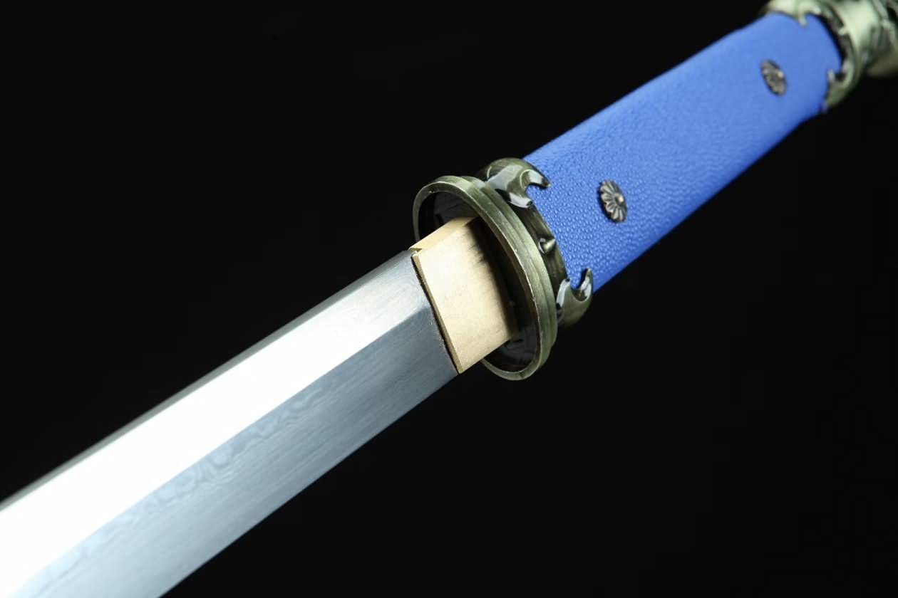 Tang dao,Forged Damascus Steel Blade,Blue skin scabbard