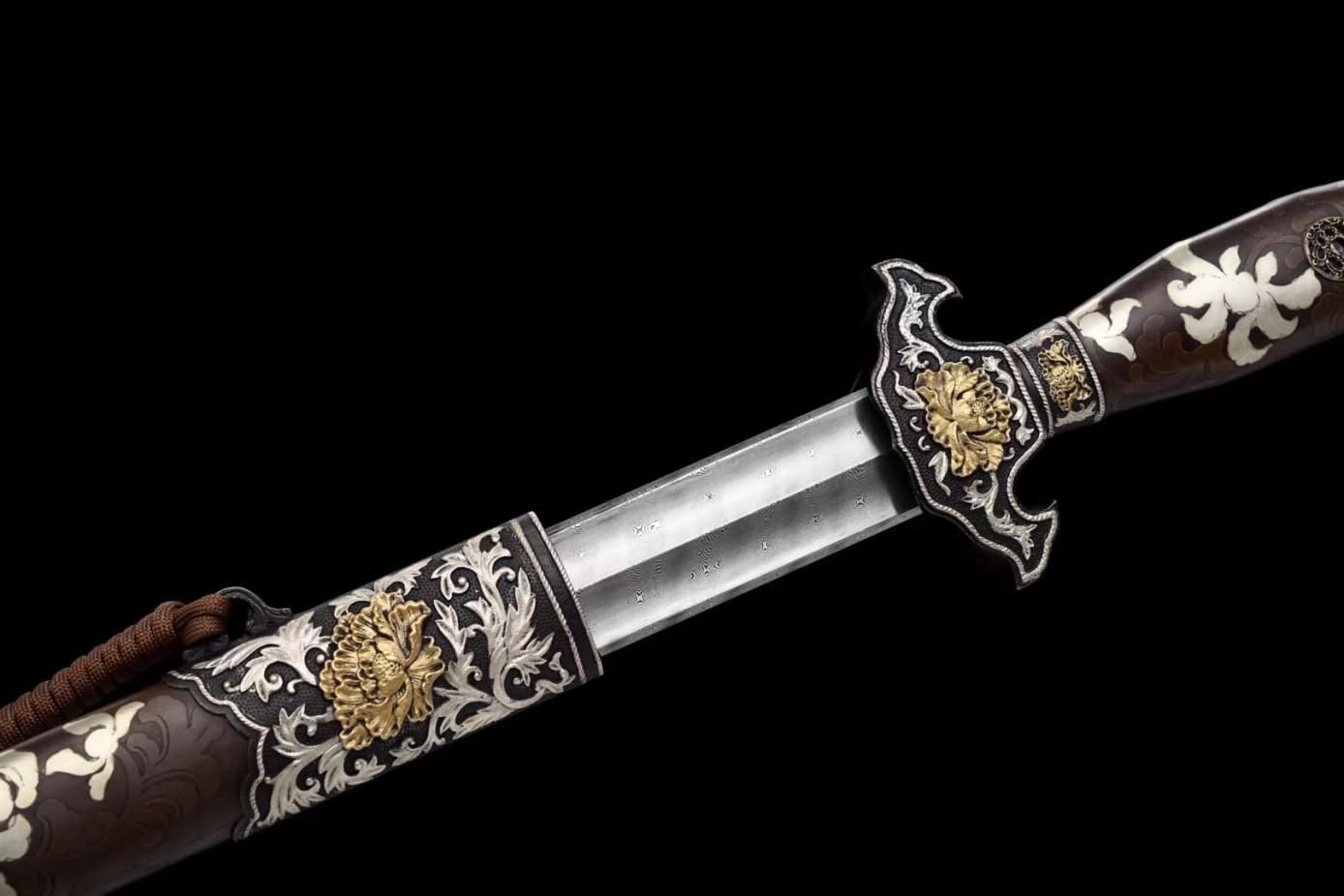 LOONGSWORD,Peony Sword Real,Forged Damascus Steel Blades,Brass Scabbard