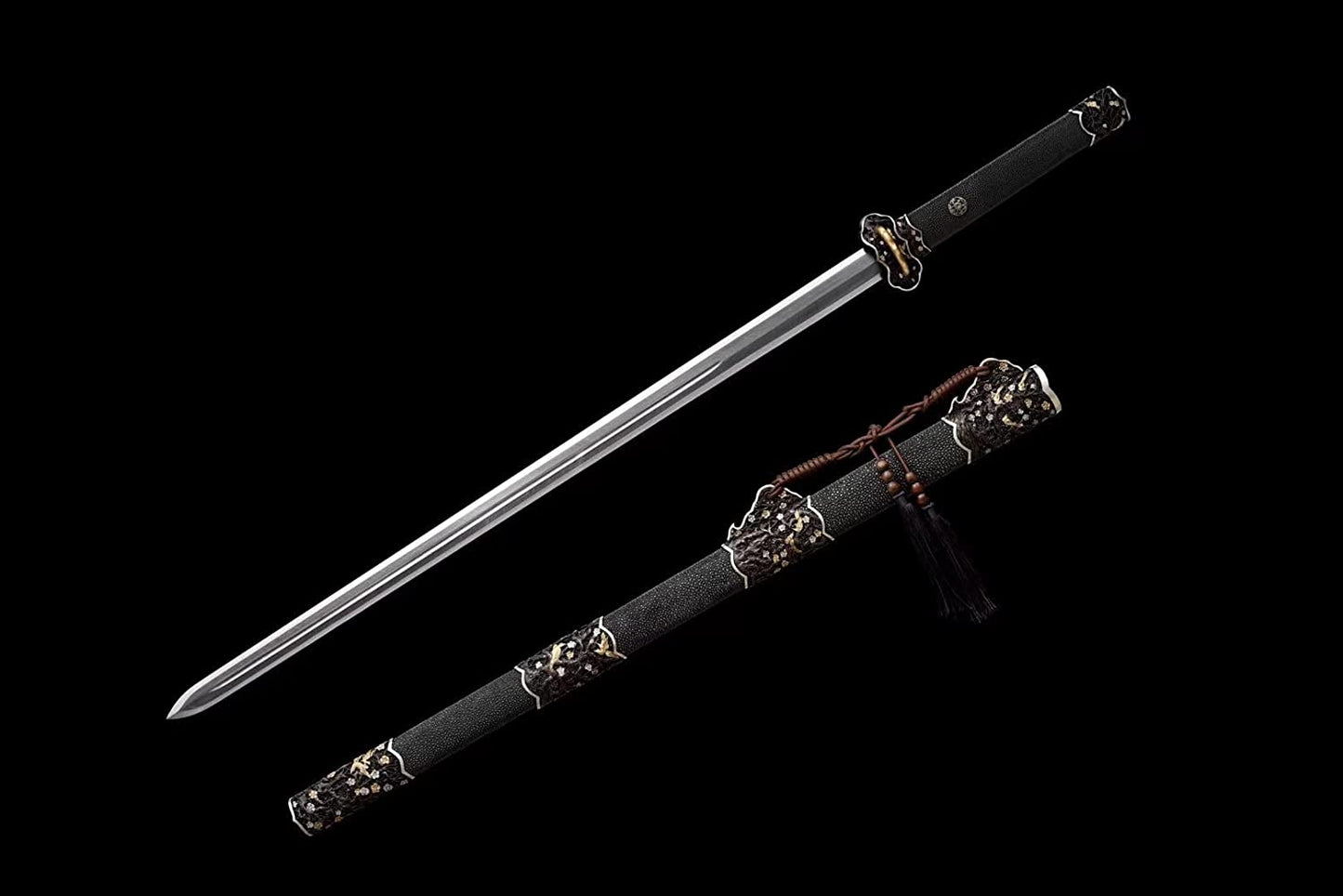 Tang jian Sword Real,Damascus Steel Blade,Brass Scabbard,Skin Scabbard,Chinese swords