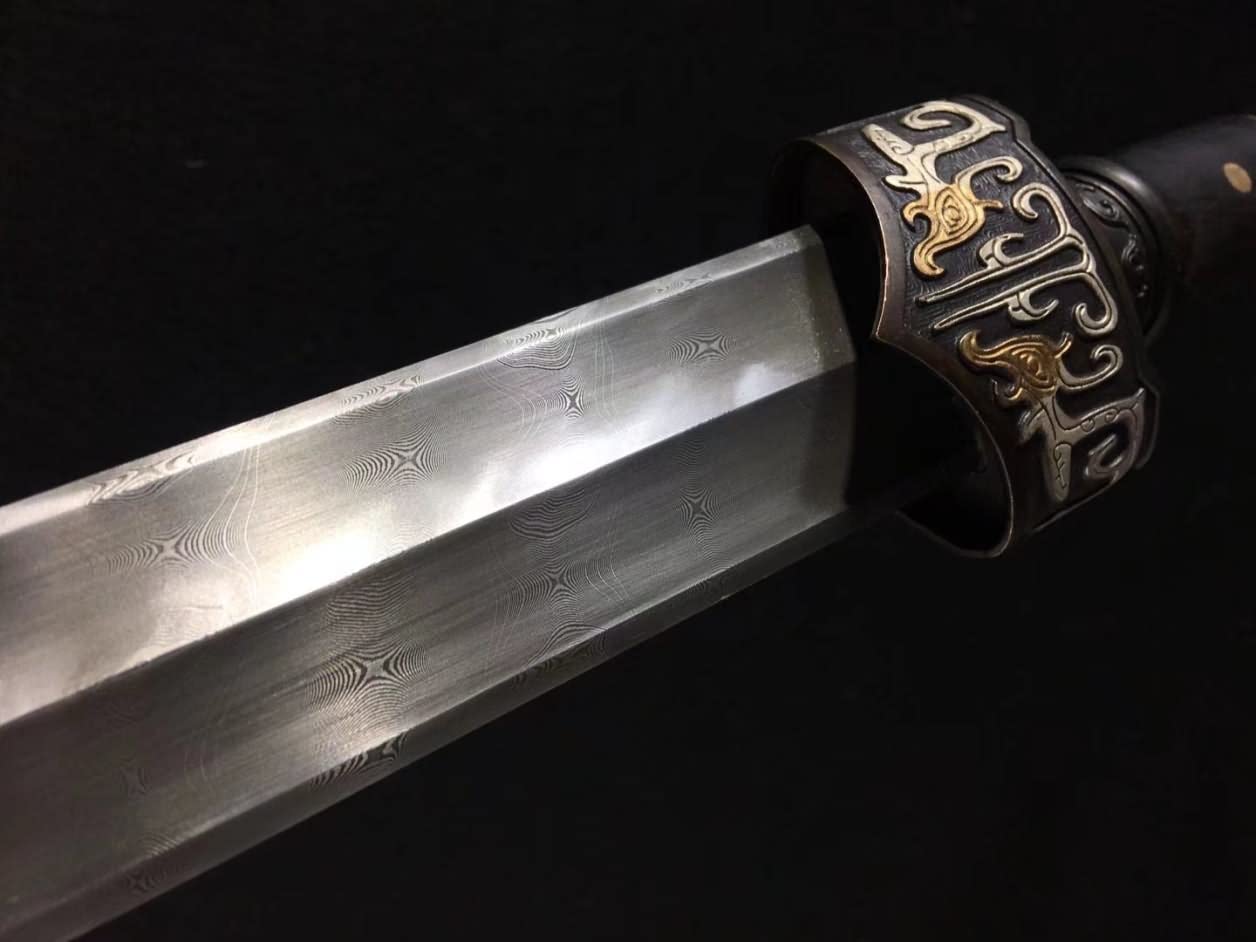 yuewang Sword Real,Forged Damascus Steel,Brass Fittings,Ebony Scabbard