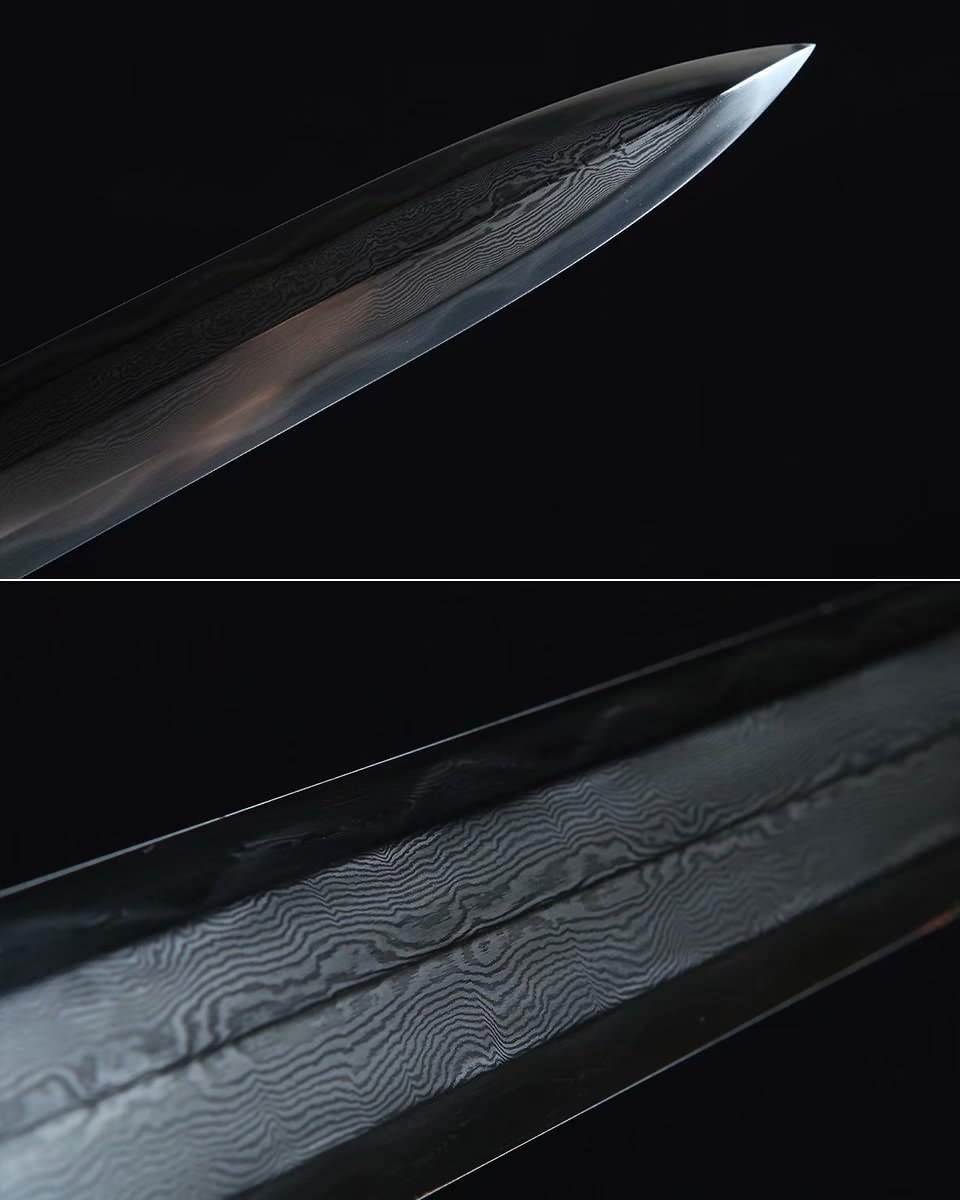 Double-Edged Sword Damascus Steel Blades,Black Skin Scabbard,Brass,Chinese sword