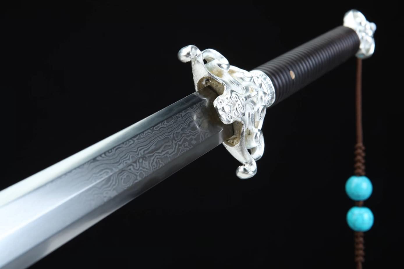 Fire Dragon Sword,Damascus Steel Blade,Brass Silver Plated Fittings,Ebony Scabbard