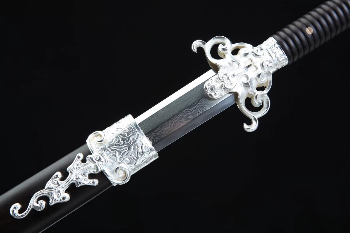 Fire Dragon Sword,Damascus Steel Blade,Brass Silver Plated Fittings,Ebony Scabbard