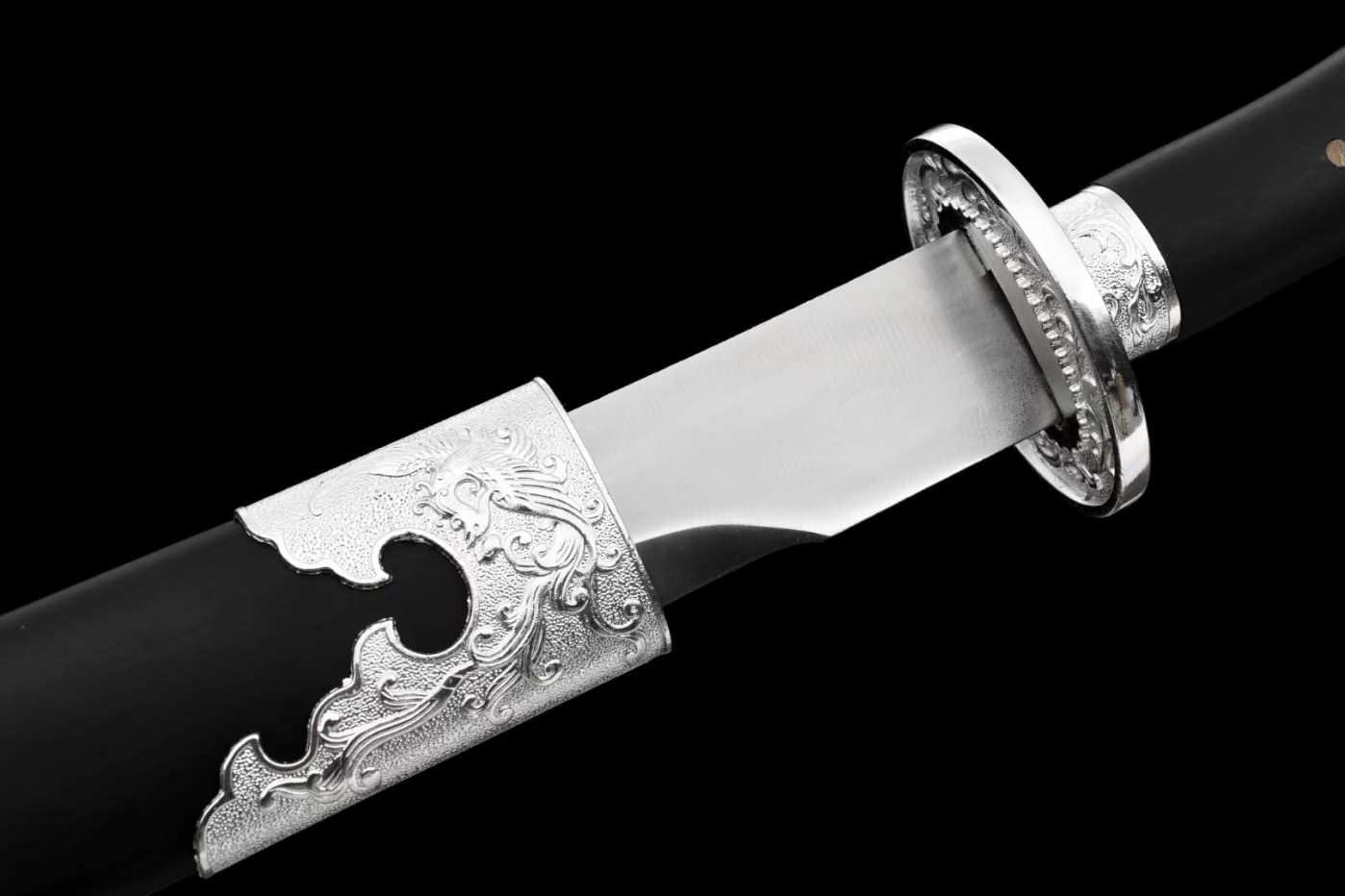 Dao Broadsword,Forged Damascus Steel Blades,Alloy Fittings,Black Wood Scabbard,chinese sword