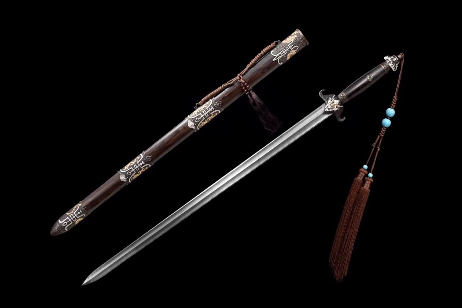 Chinese swords,Bat Sword Real,Damascus Steel Blades,Brass Fittings,Ebony Scabbard