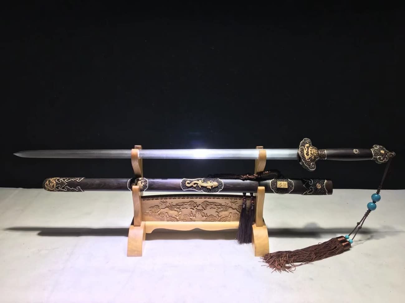 Qing jian Sword,Forged Damascus Steel Blades,Brass Fittings,Ebony Scabbard