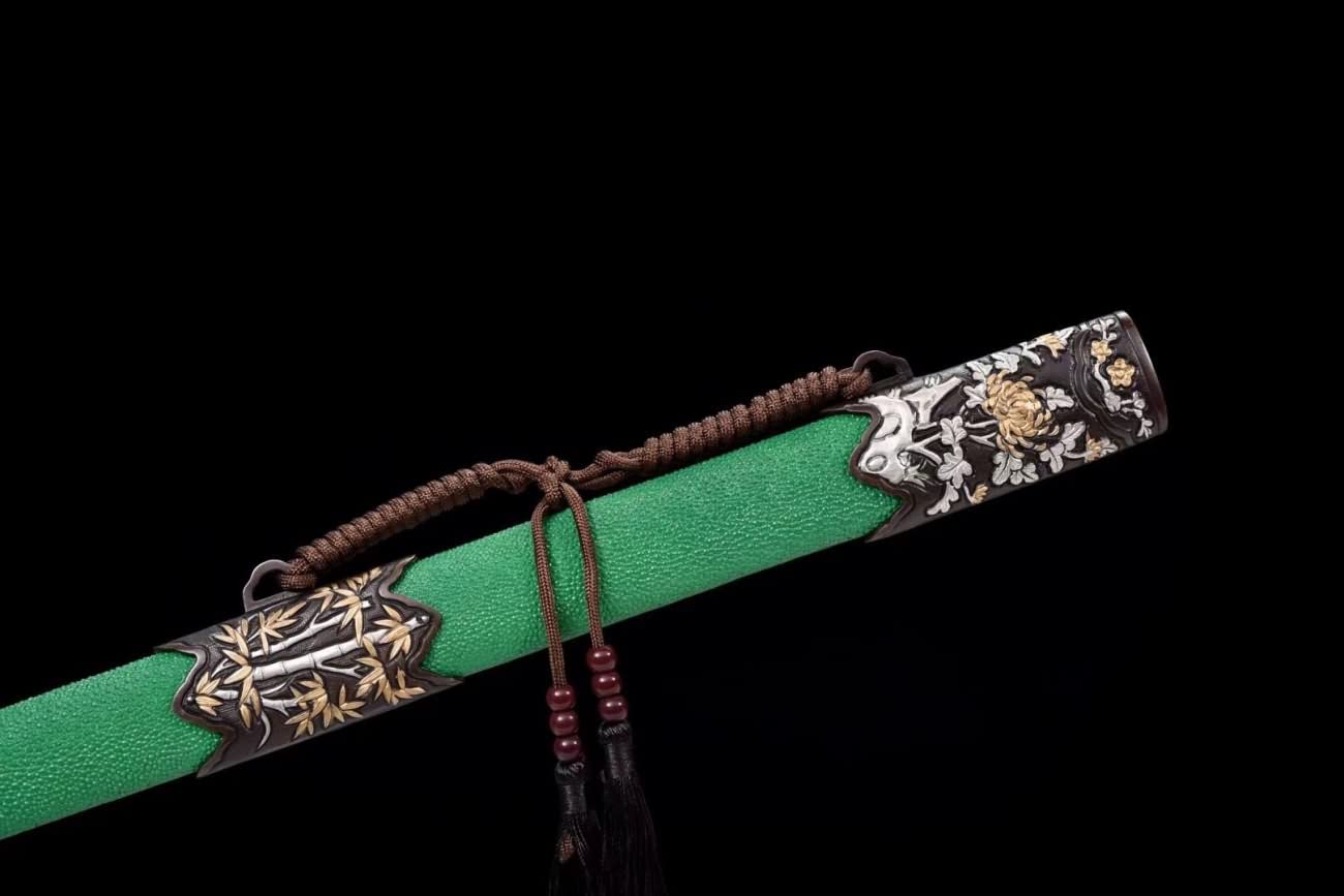 Gentleman Sword,Forged Damascus Steel Blades,Brass Fittings,Green Skin Scabbard
