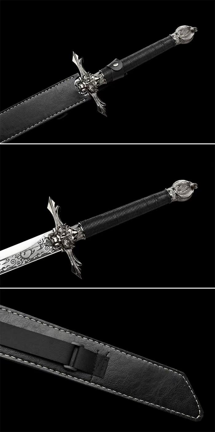 Tang Hengdao Forged Etch Blade,Alloy Fittings,Fake Leather Scabbard