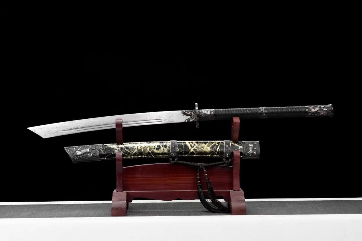 Kangxi Dao,Forged Damascus Steel baldes,Leather Scabbard,Alloy Fittings