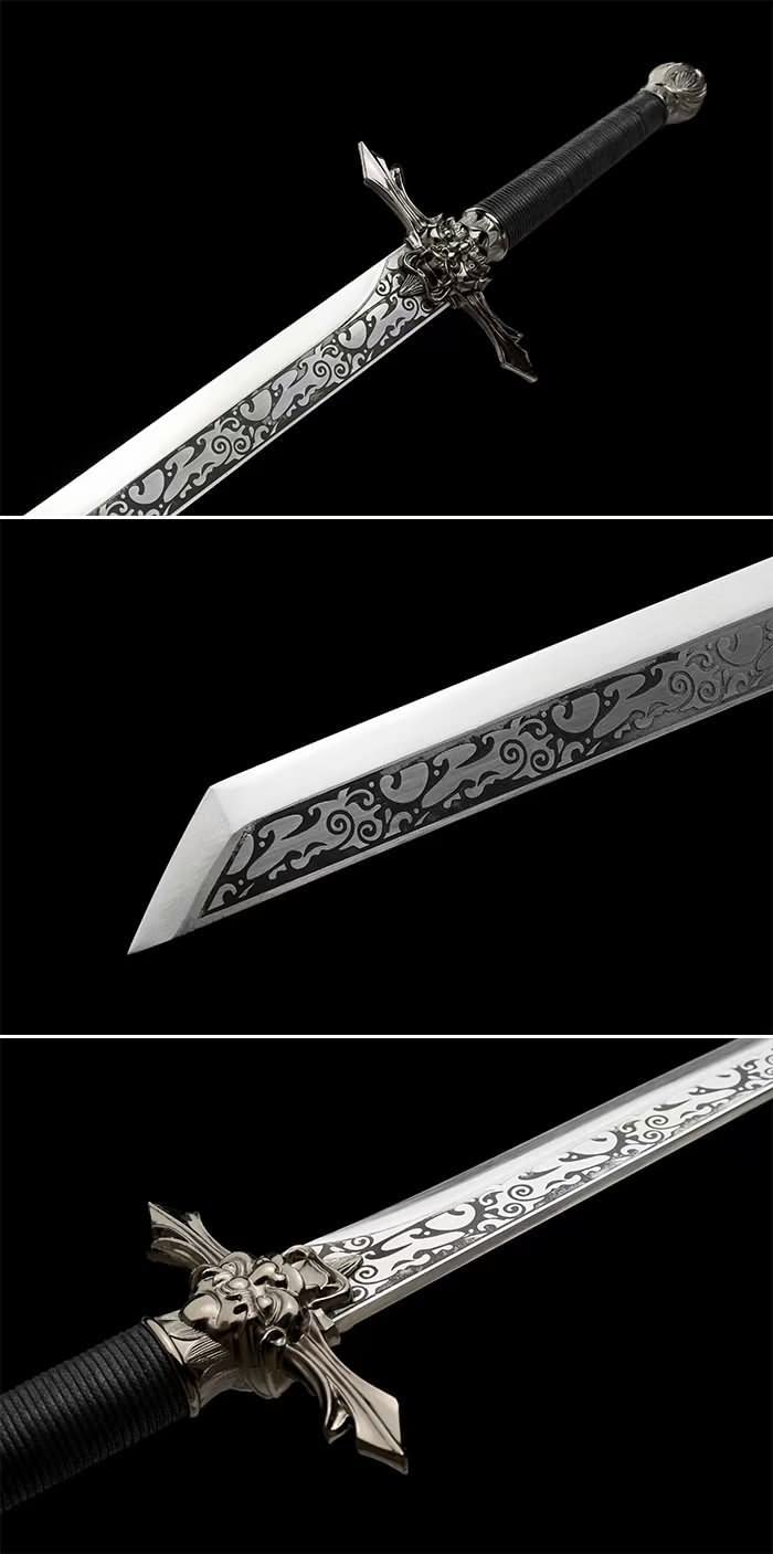 Tang Hengdao Forged Etch Blade,Alloy Fittings,Fake Leather Scabbard