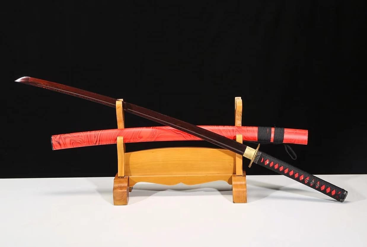 Samurai Sword Battle Ready,Hand Forged Damascus Blade Red Scabbard