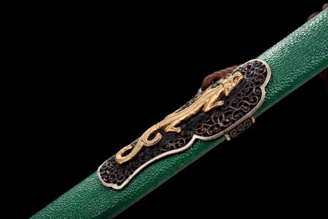 Qing jian,Forged Damascus Steel Blades,Brass Fittings,Green Skin Scabbard
