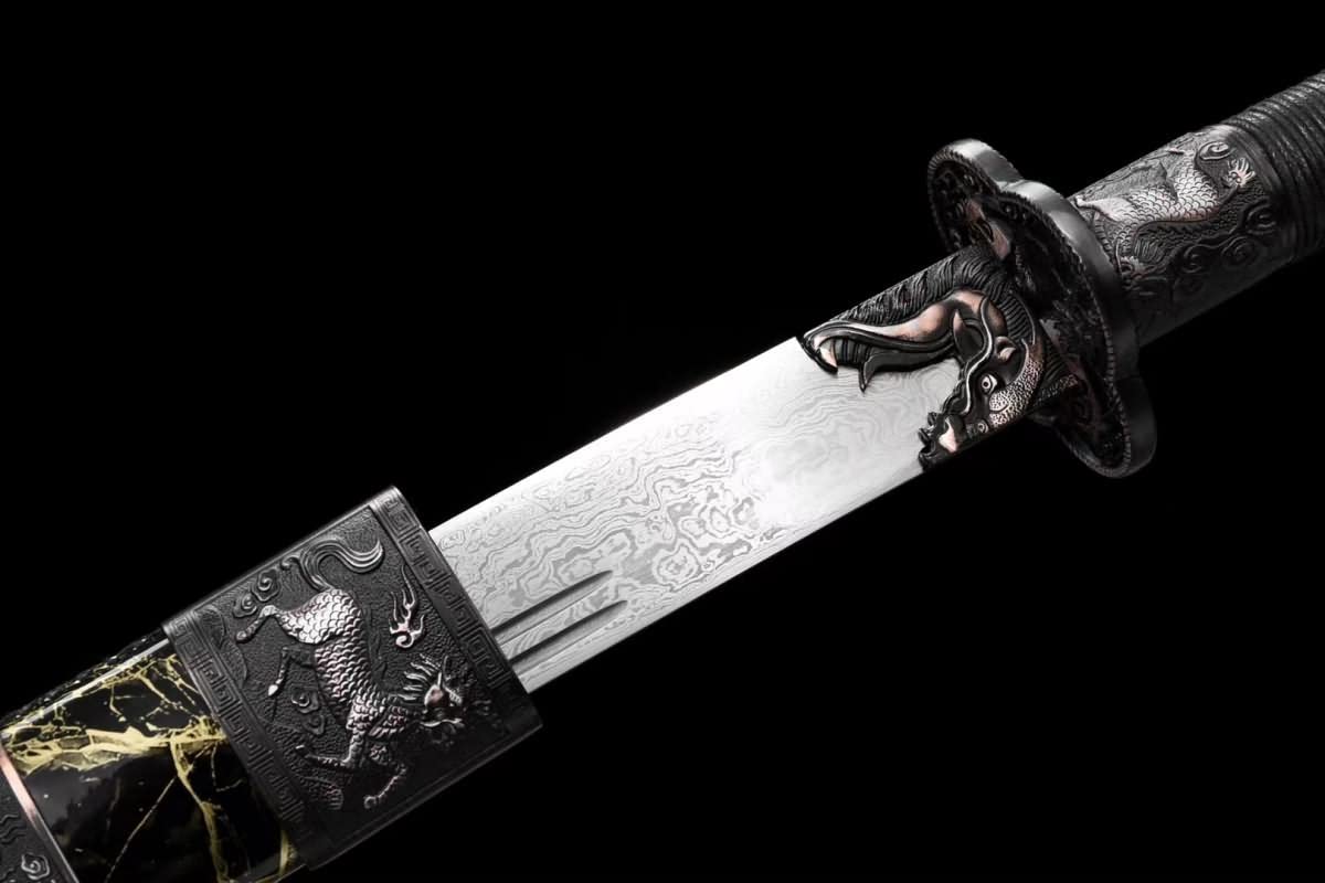 Kangxi Dao,Forged Damascus Steel baldes,Leather Scabbard,Alloy Fittings