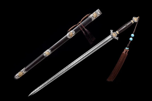 Peony Sword,Forged Damascus Steel Blades,Brass Fittings,Ebony Scabbard