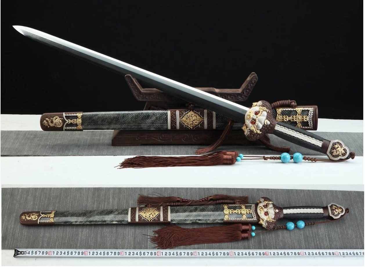 Double-Edged Sword Damascus Steel Blades,Black Skin Scabbard,Brass,Chinese sword