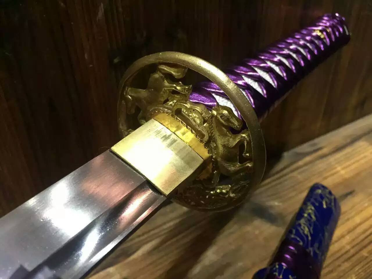 Japanese sword Katana/High carbon steel blade/Blue wood scabbard/Brass fittings - Chinese sword shop