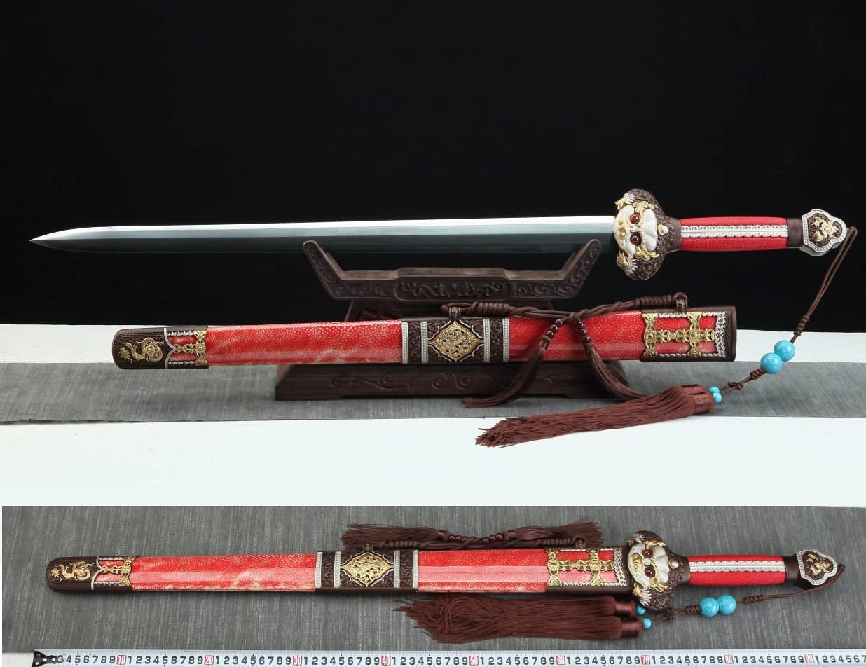 Yongle jian,Folded Steel Blade,Red Skin Scabbard,Brass Fittings,chinese sword