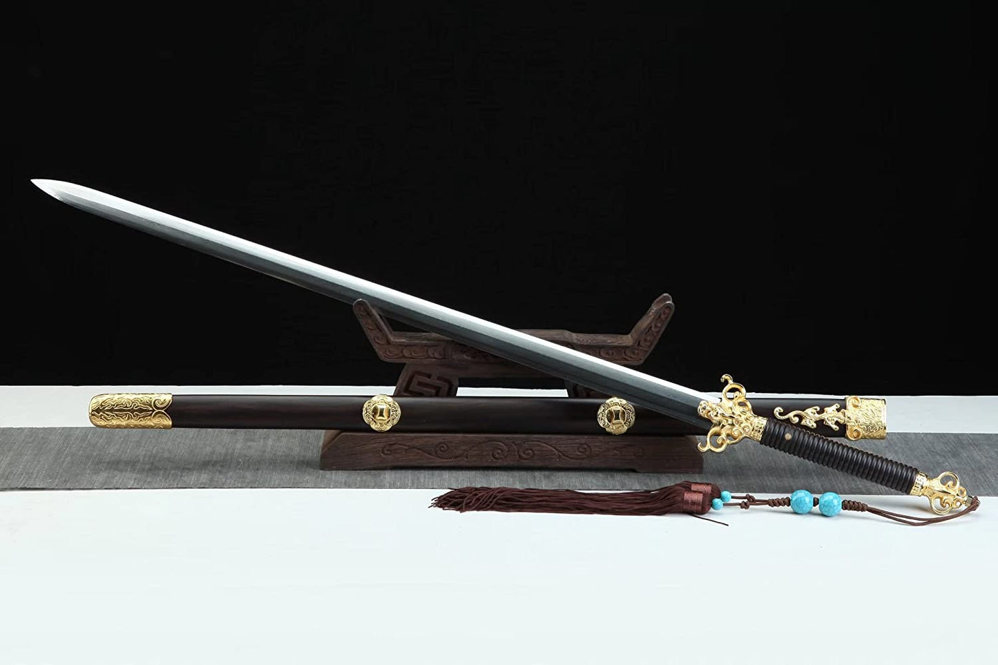 Fire Dragon Sword,Forged Damascus Steel Blade,Ebony Scabbard,Brass Fittings