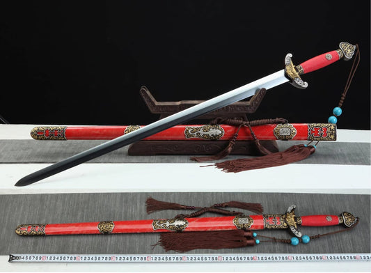 Qianlong Swords,Damascus Steel Blades,Red Skin Scabbard,Brass Fittings,Chinese sword