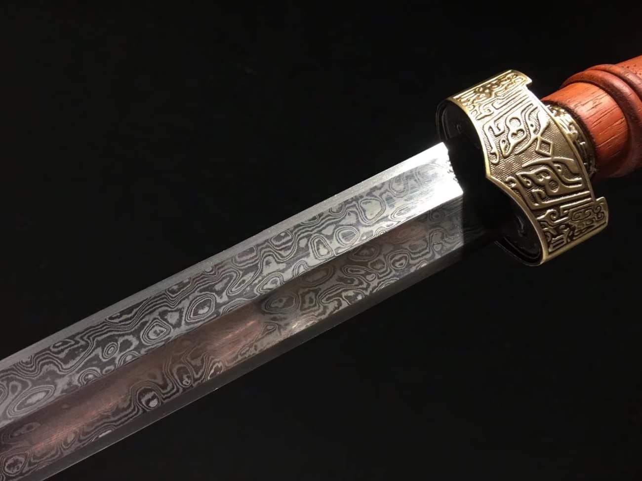 Wolong Sword Real,Forged Damascus Steel Blade,Redwood,Brass Fitting