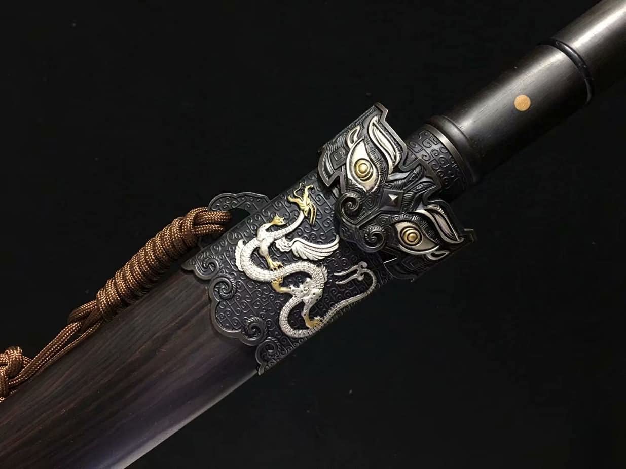 Yuewang Sword Real,Damascus Steel Blades,Brass Fittings,Ebony Scabbard