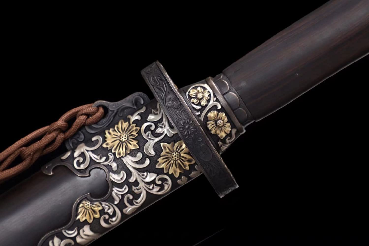 Qing dao,Forged Damascus Steel Blade,Ebony Scabbard,Brass Fittings