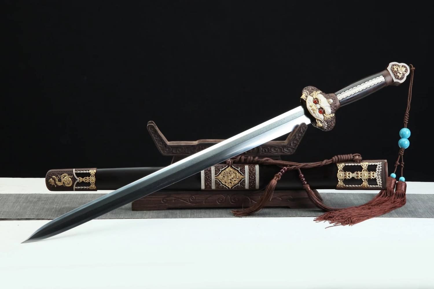 Yongle jian Damascus Steel Blades,Ebony Scabbard,Brass Fittings,chinese sword