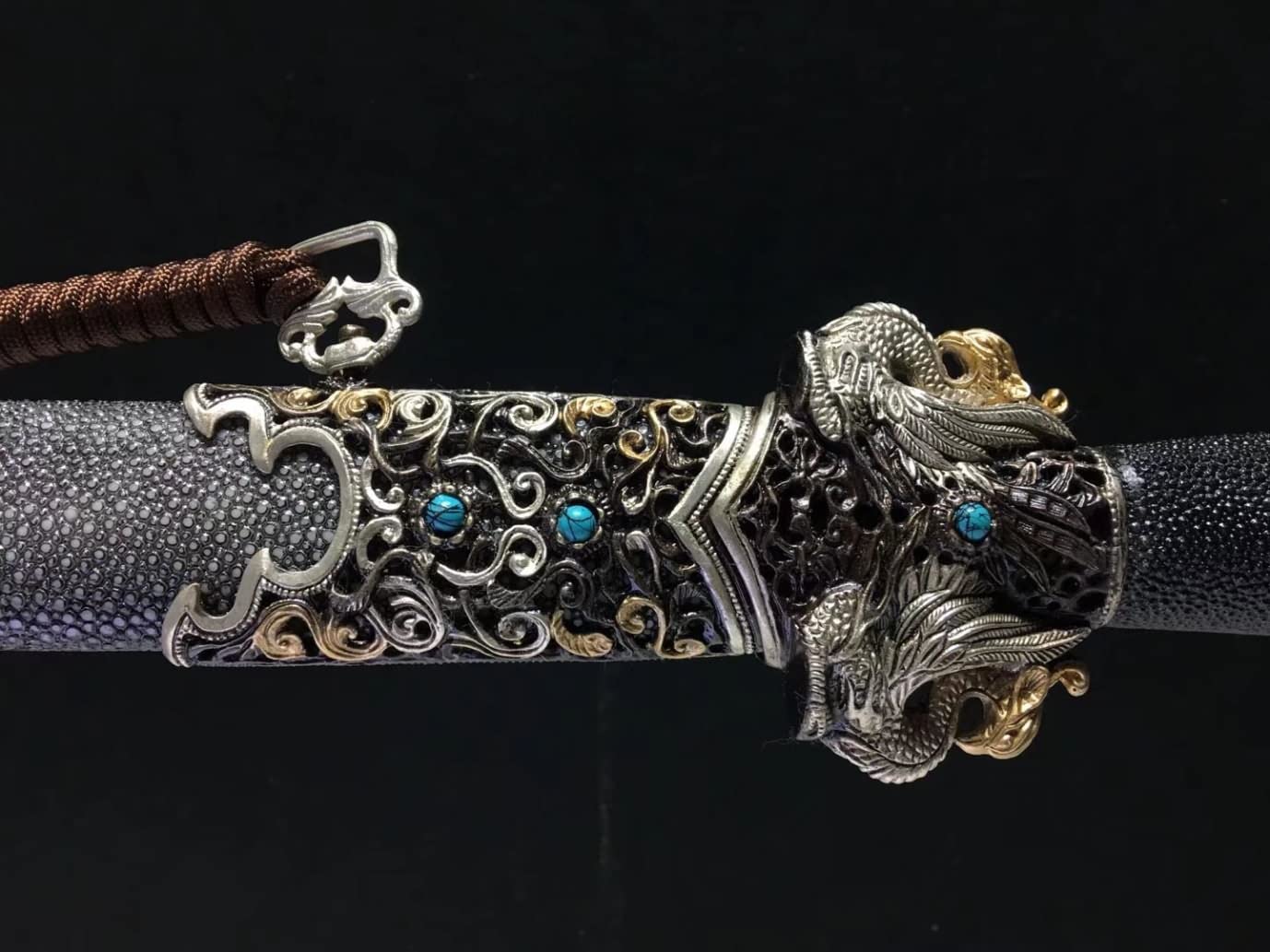 Rosefinch Sword,Forged Damascus Steel Blade,Black Skin Scabbard